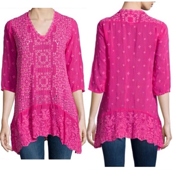 Johnny Was Pink Georgette Eyelet Embroidered Tunic Top - Picture 2 of 15